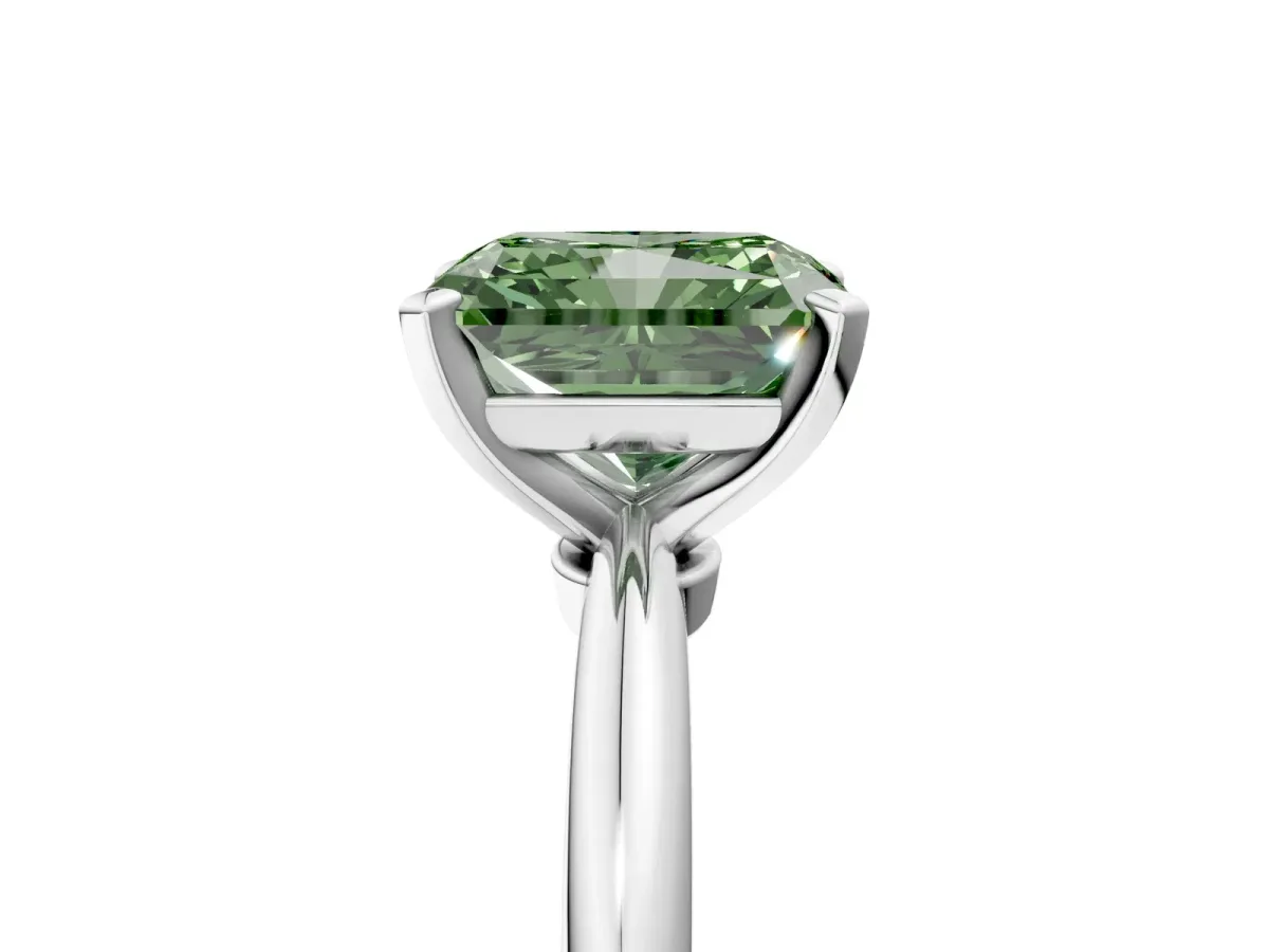 Fancy Green Radiant Cut Diamond Solitaire Ring with Six-Prong Setting and Classic Band Silver