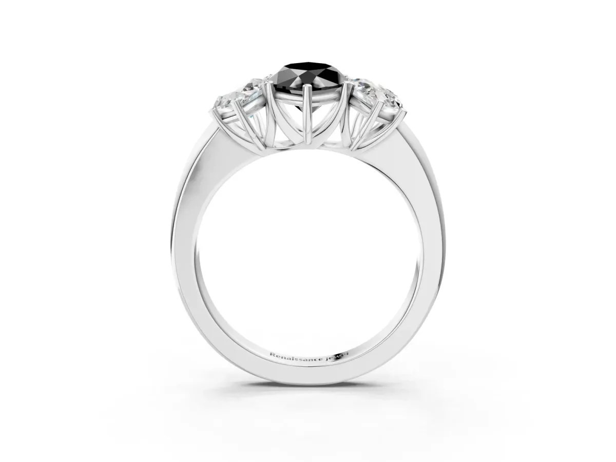 Fancy Black Marquise Cut Diamond Three-Stone Ring with Four-Prong Setting and Classic Band Platinum