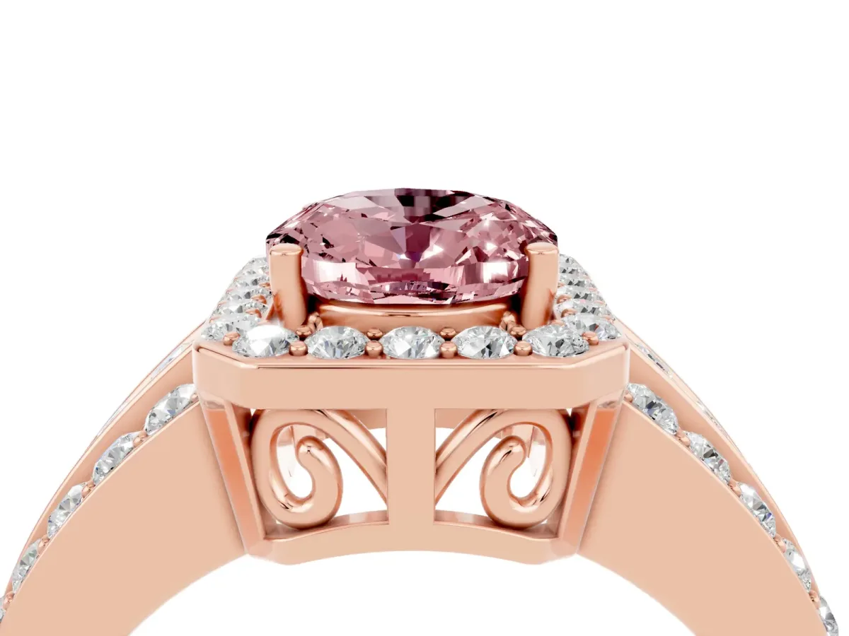 Oval Cut Halo Morganite Ring with Round Split Shank and Prong Setting Rose gold
