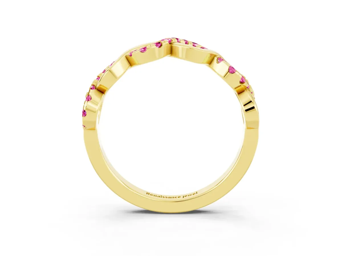 Twist Infinity Round Pink Sapphire Band with Pavé Setting Yellow gold