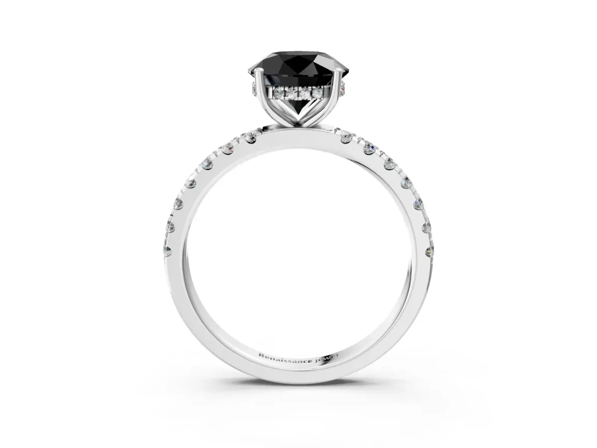 Fancy Black Round Cut Diamond Pave Band Solitaire Ring with Round and Prong Setting Platinum