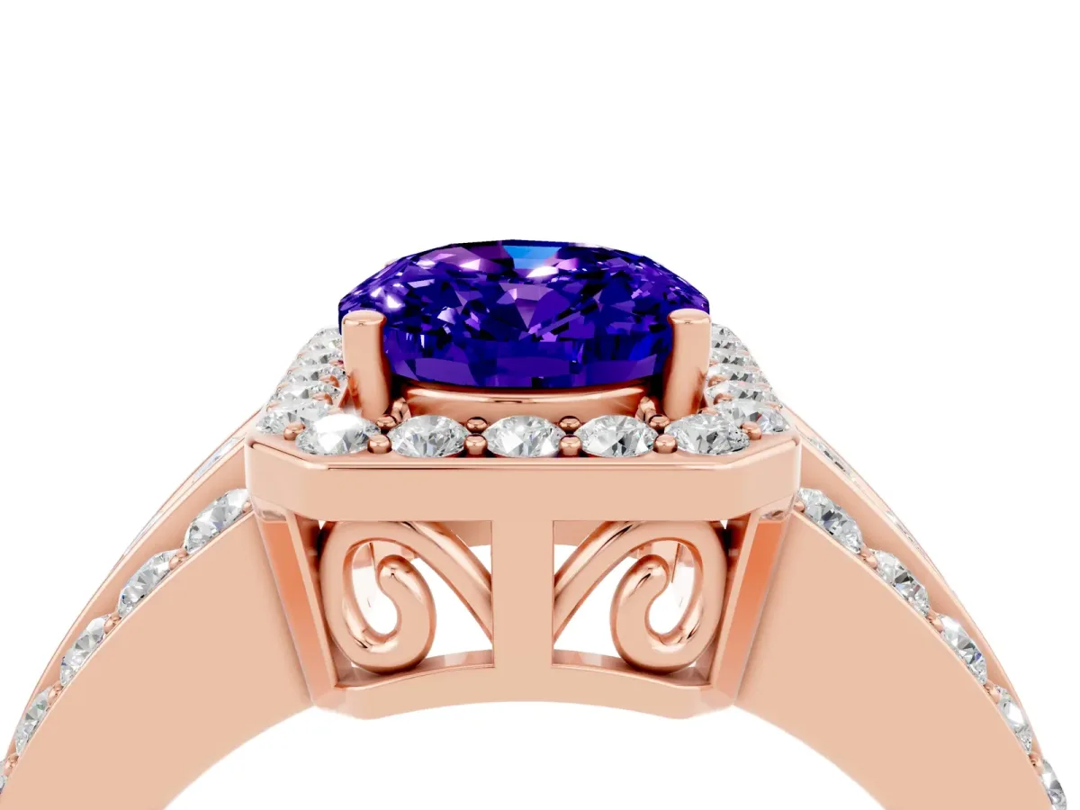Oval Cut Halo Tanzanite Ring with Round Split Shank and Prong Setting Rose gold
