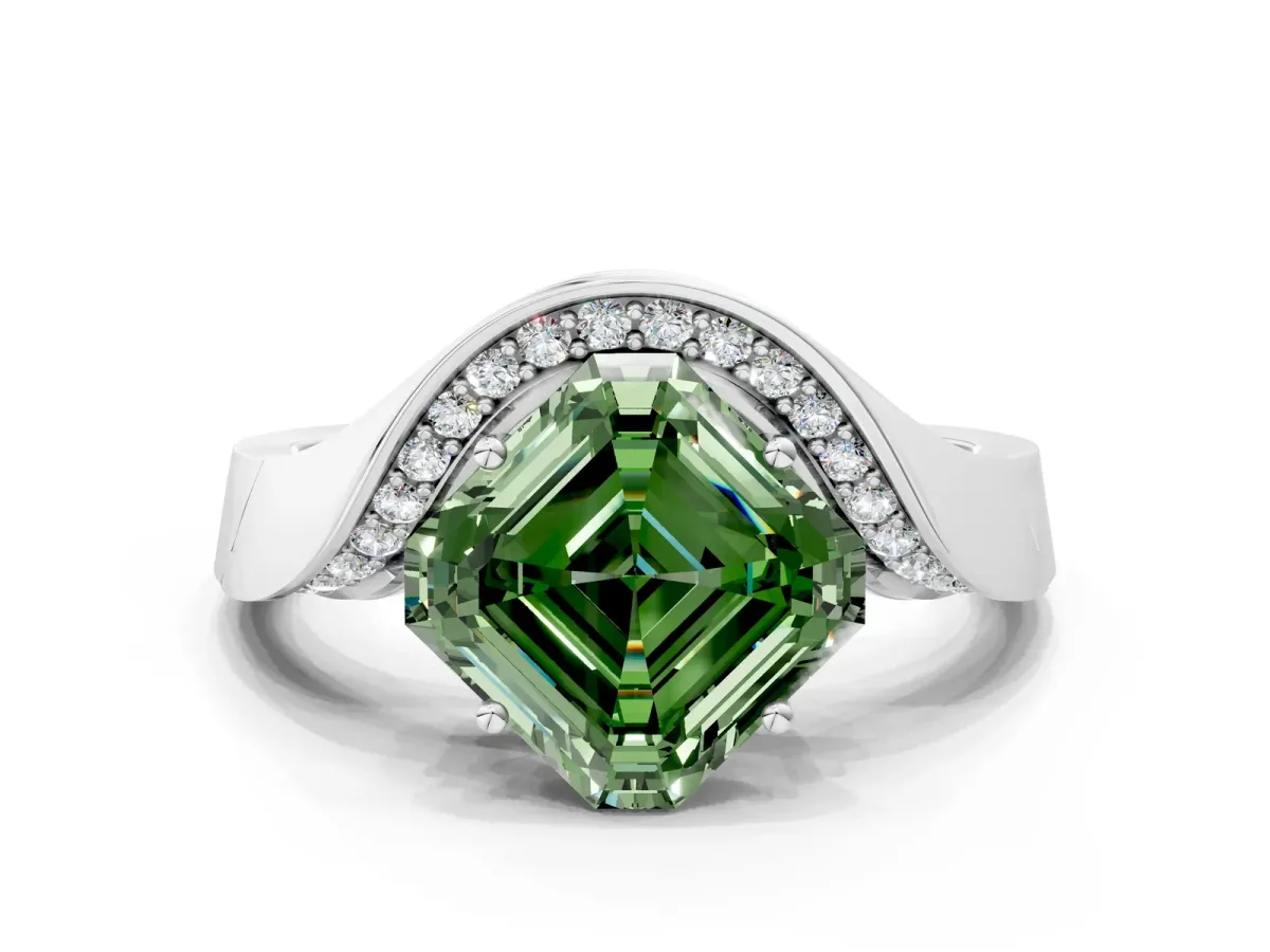 Fancy Green Asscher Cut Solitaire Diamond Engagement Ring with Pave Band and Four-Prong Setting Silver