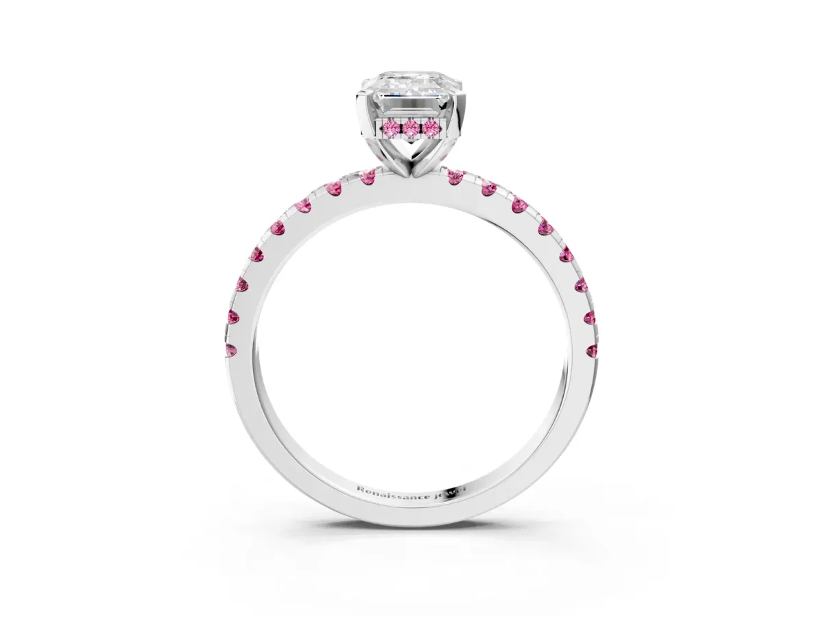 Emerald Cut Diamond Solitaire Ring with Round Pink Sapphire Pavé Band and Four-Prong Setting Silver