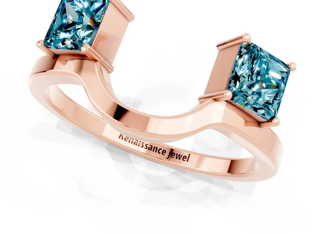 Princess Cut Blue Topaz Two-Stone Open Band Ring with Four-Prong Setting Rose gold