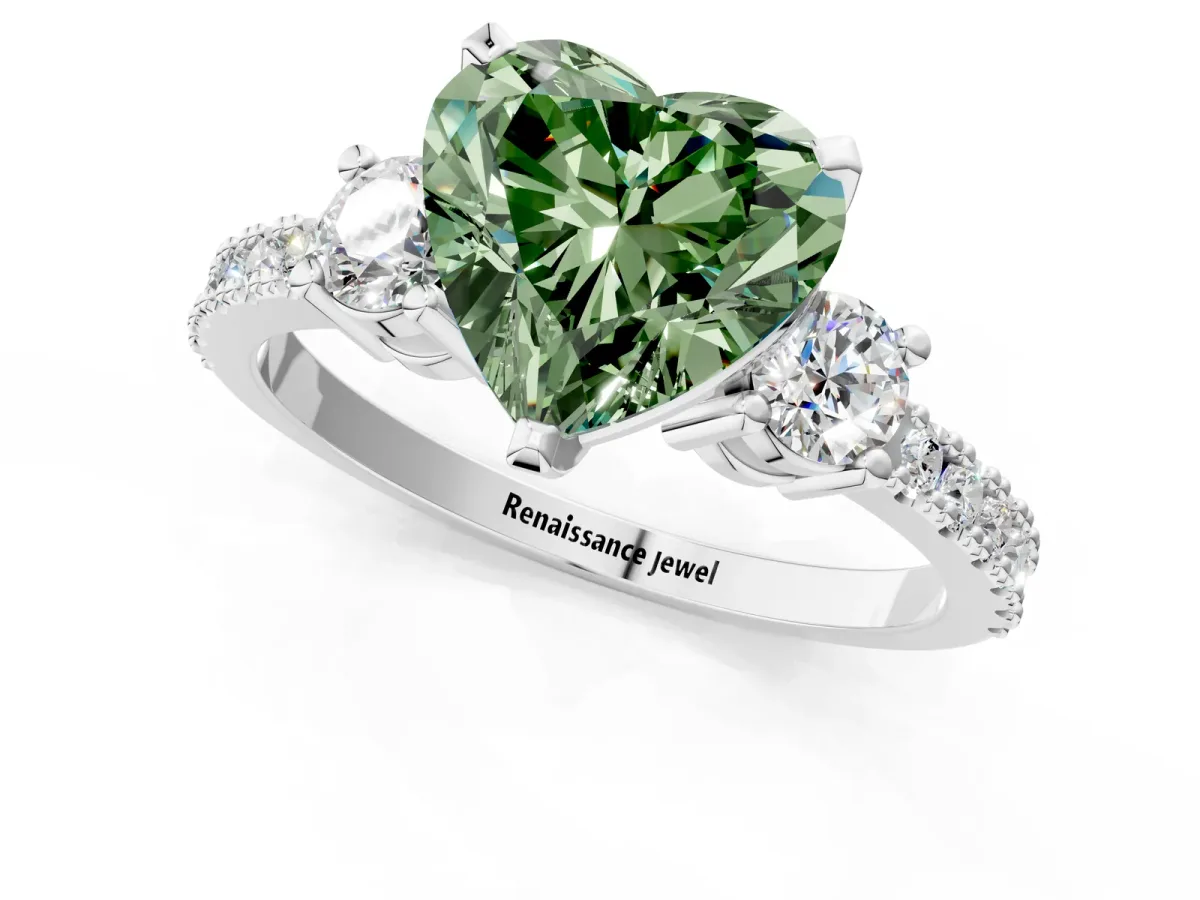 Fancy Green Heart Cut Cut Three-Stone Diamond Pavé Band with Prong Setting Platinum