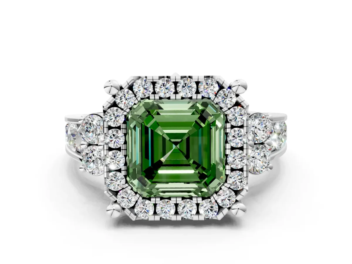 Fancy Green Asscher Cut Halo Diamond Engagement Ring with Split Shank and Four-Prong Setting Platinum