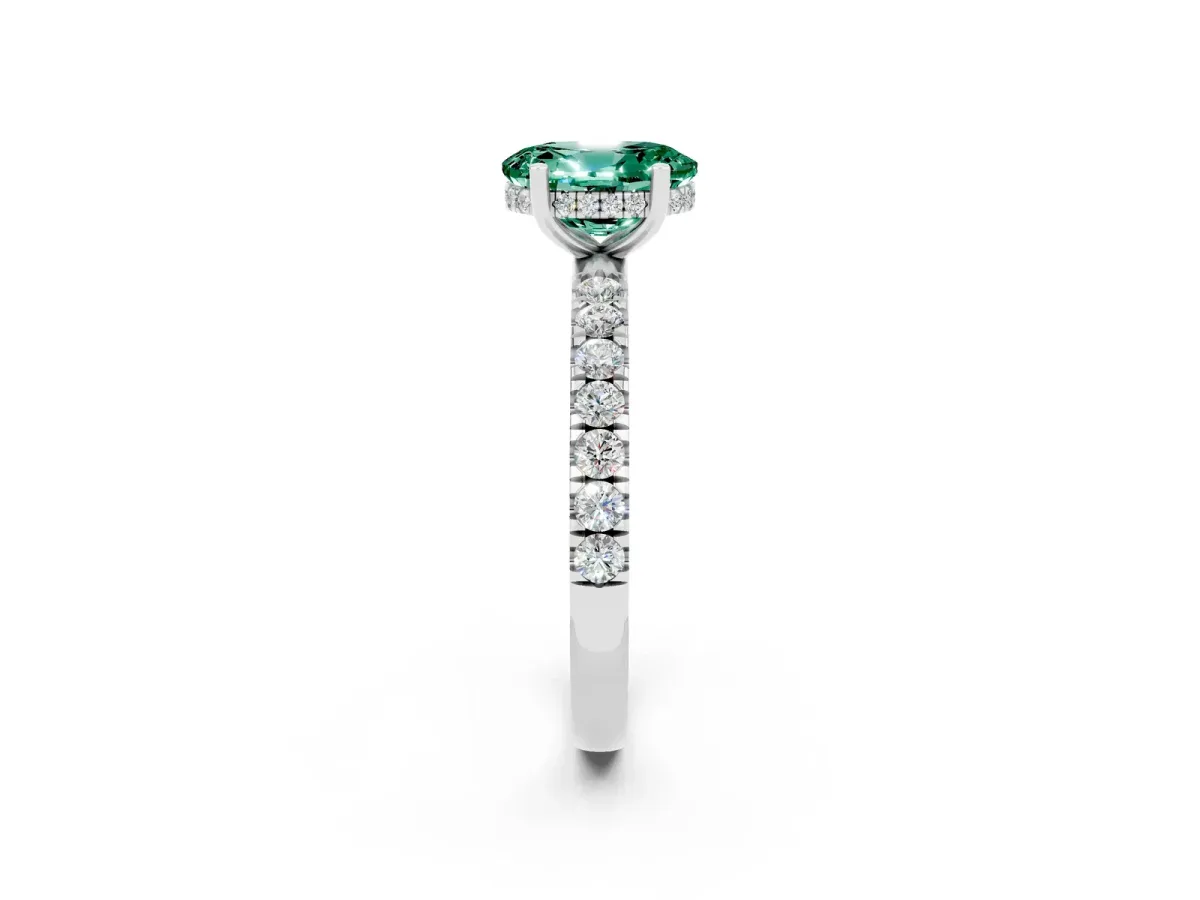 Oval Cut Green Sapphire Pave Band Solitaire Ring with Round and Prong Setting Silver
