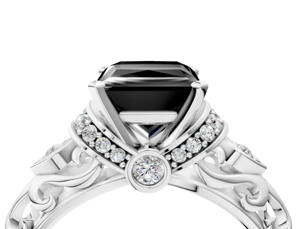 Fancy Black Princess Cut Diamond Solitaire Ring with Filigree Band and Four-Prong Setting Silver