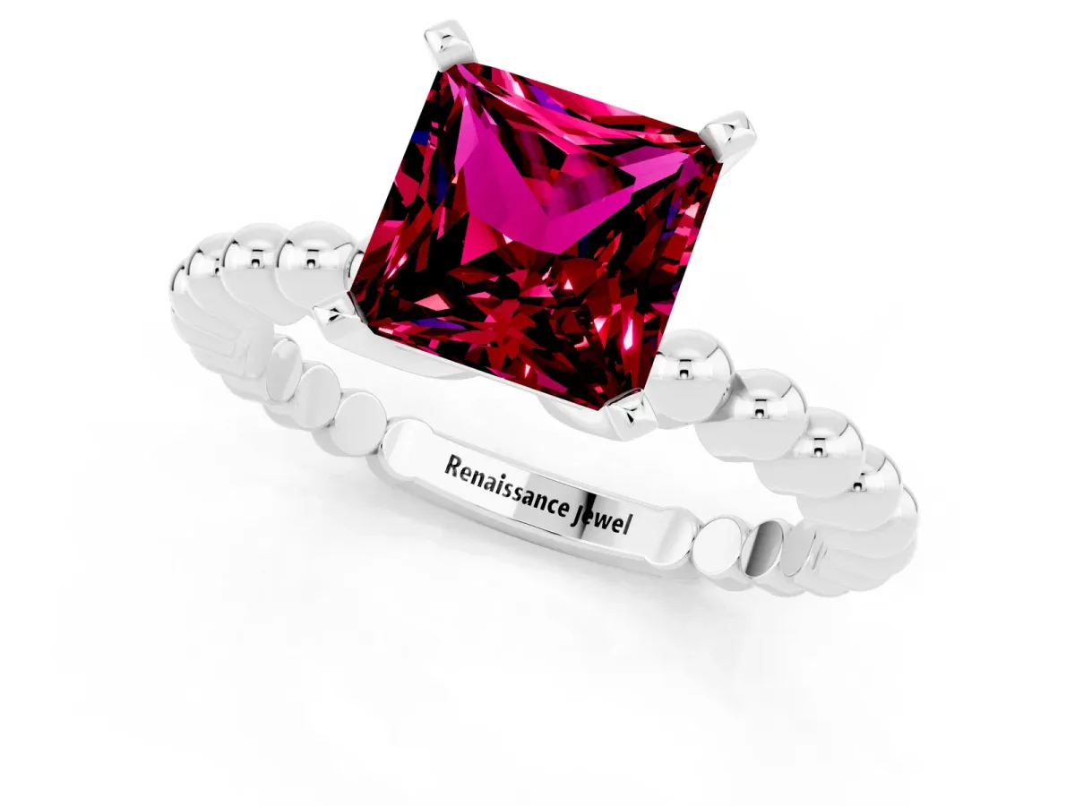 Princess Cut Garnet Solitaire Ring with Beaded Band and Prong Setting Silver