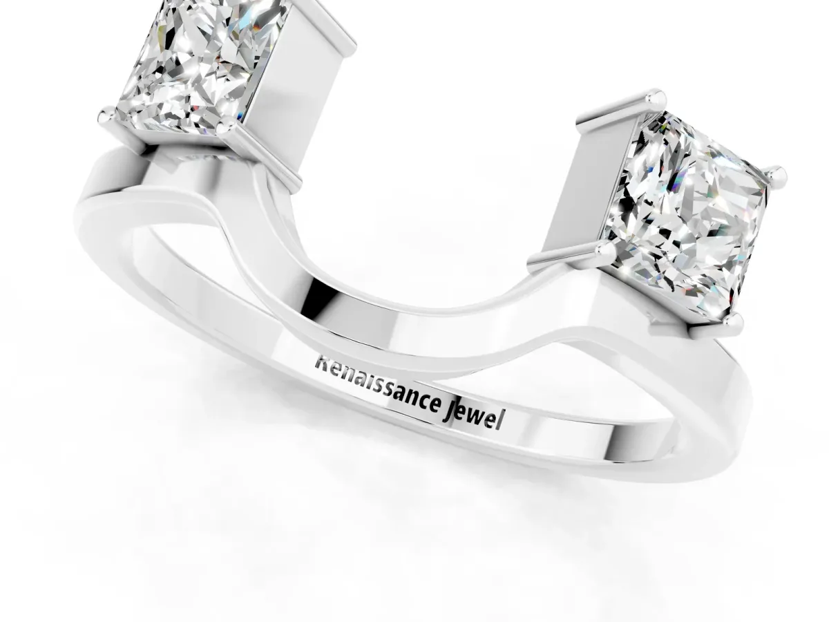 Princess Cut Moissanite Two-Stone Open Band Ring with Four-Prong Setting Platinum