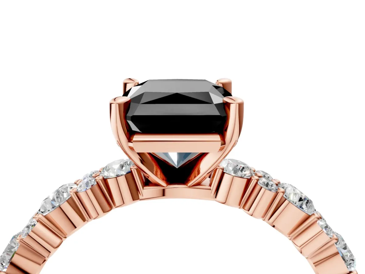 Fancy Black Radiant Cut Diamond Side Stone Solitaire Ring with Round and Four-Prong Setting Rose gold