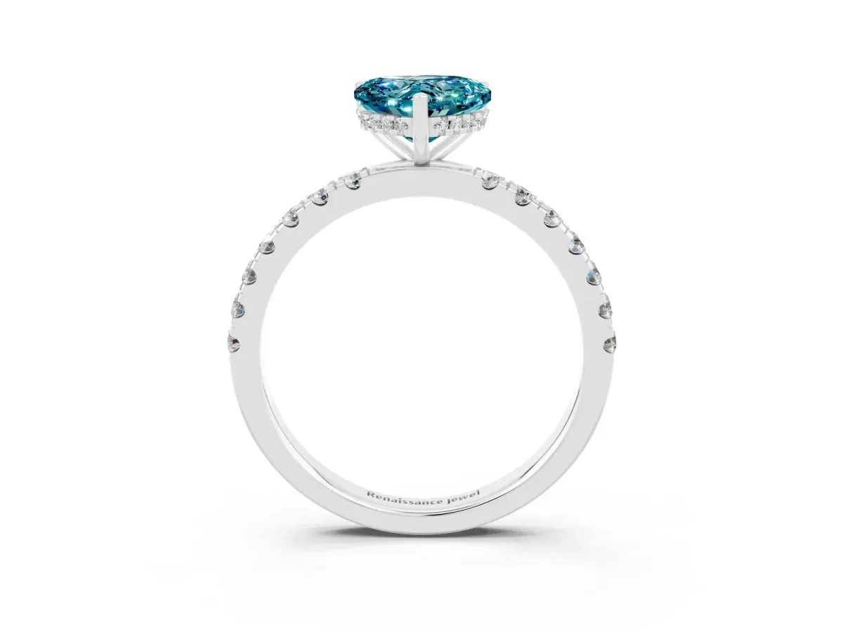 Heart Cut Blue Topaz Pave Band Solitaire Ring with Round and Prong Setting Silver