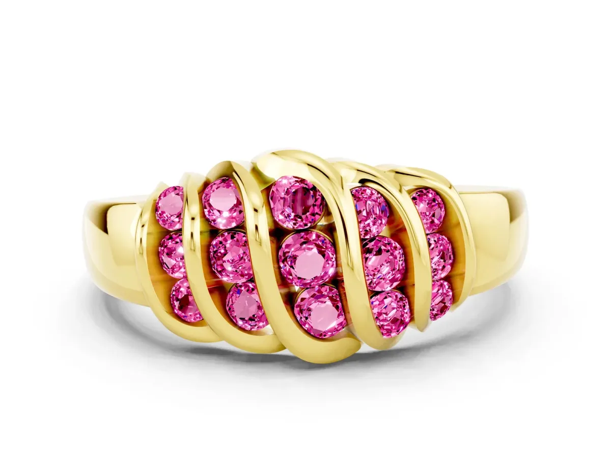 Round Pink Sapphire Multi-Row Crossover Band Yellow gold