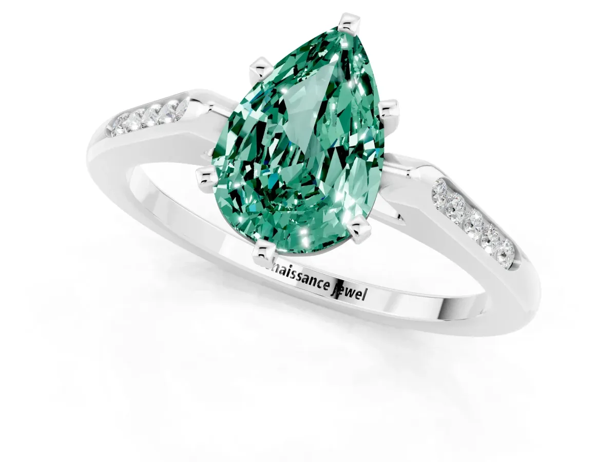 Pear Cut Green Sapphire Solitaire Ring with Channel Set Round Band and Prong Setting Silver