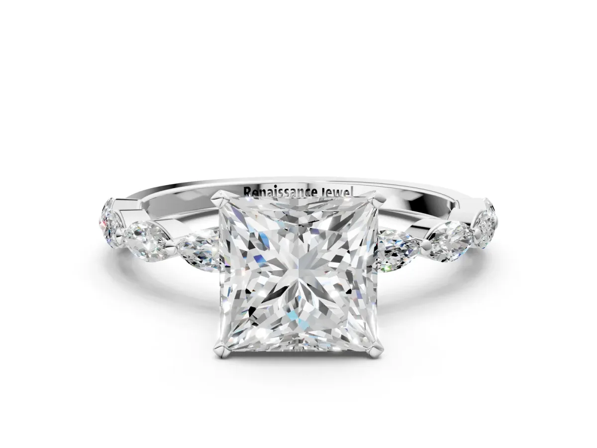Princess Cut Diamond Ring with Marquise Side Stones and Prong Setting Platinum