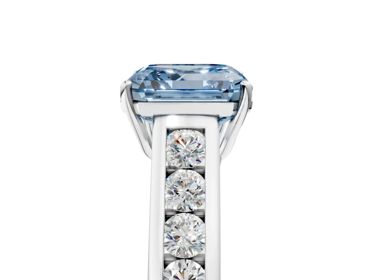Fancy Blue Asscher Cut Solitaire Channel-Set Diamond Engagement Ring with Four-Prong Setting Platinum