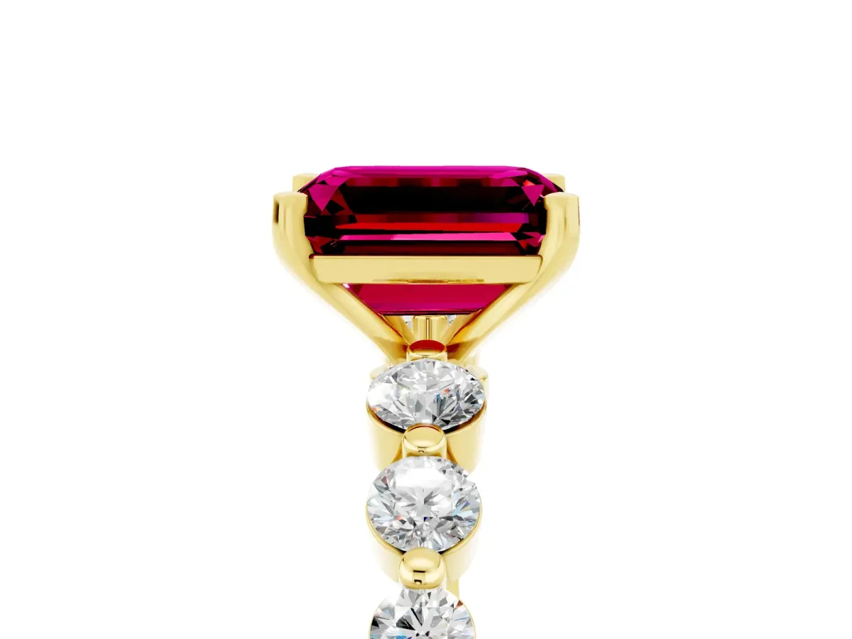 Emerald Cut Solitaire Garnet Ring with Pave Band and Four-Prong Setting Yellow gold