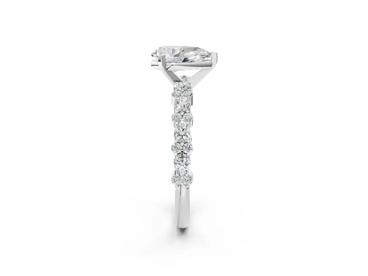 Pear Cut Diamond Side Stone Solitaire Ring with Round Moissanite and Four-Prong Setting White gold