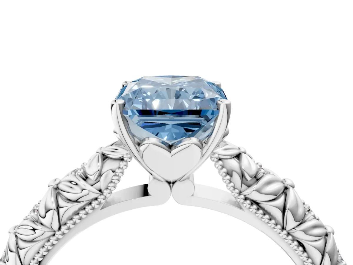 Fancy Blue Radiant Cut Solitaire Floral Milgrain Engagement Ring Platinum