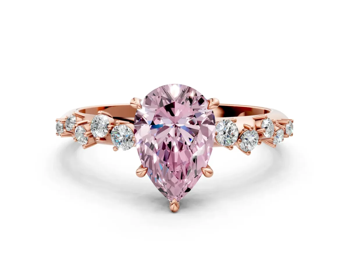 Fancy Pink Pear Cut Diamond Cluster Side Stone Solitaire Ring with Prong Setting Rose gold