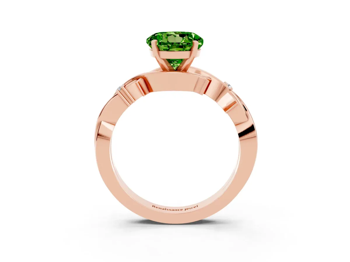 Round Cut Peridot Solitaire Ring with Twisted Band and Prong Setting Rose gold