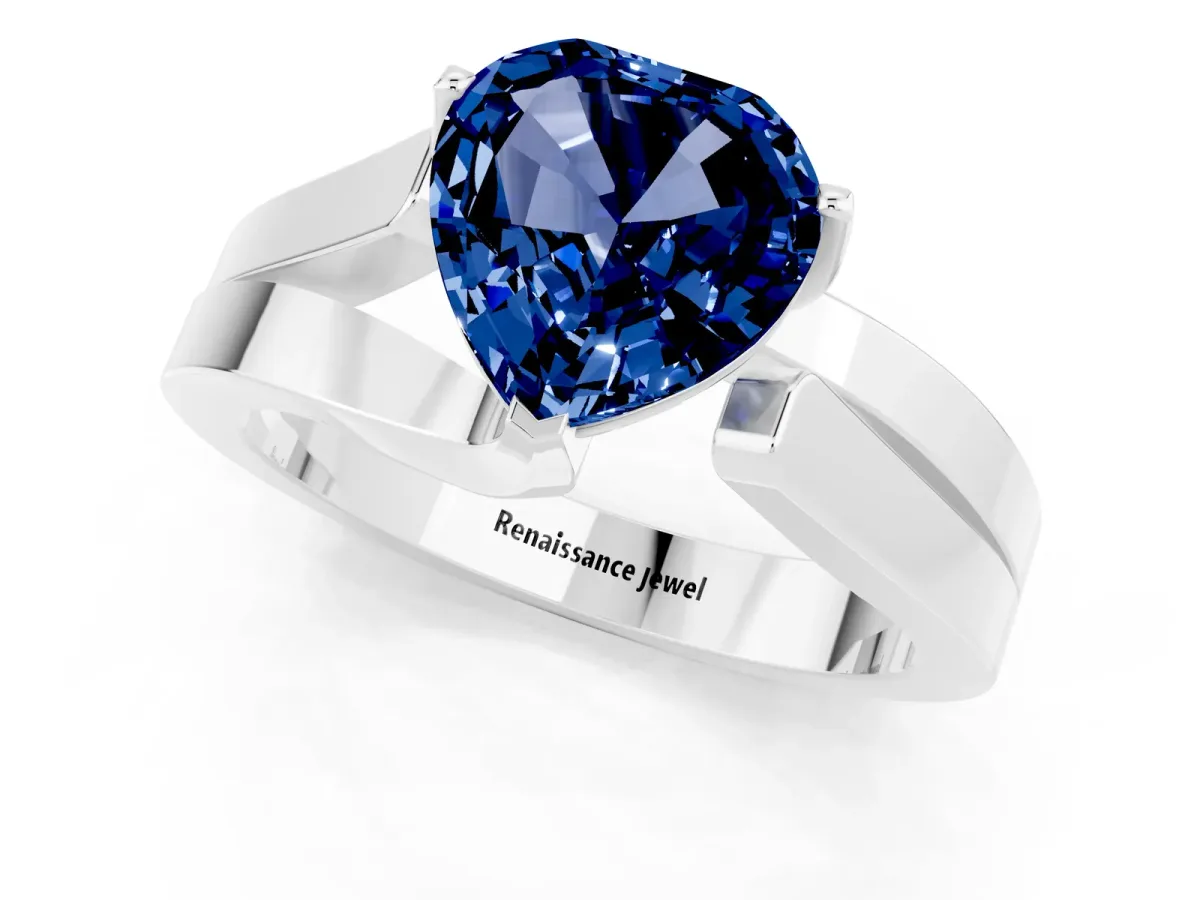 Modern Tension Set Heart Cut Blue Sapphire Solitaire Wide Band Ring Silver