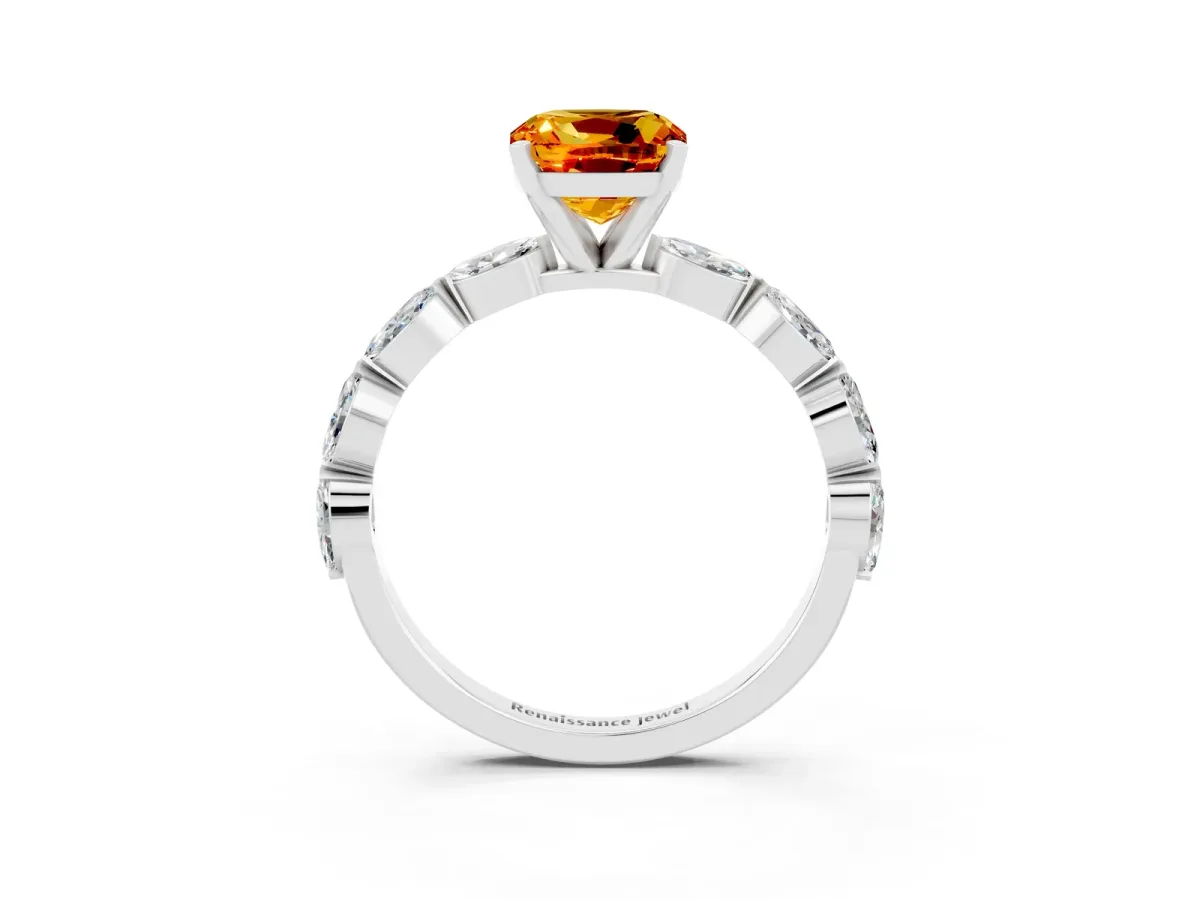 Cushion Cut Citrine Ring with Marquise Side Stones and Prong Setting Platinum