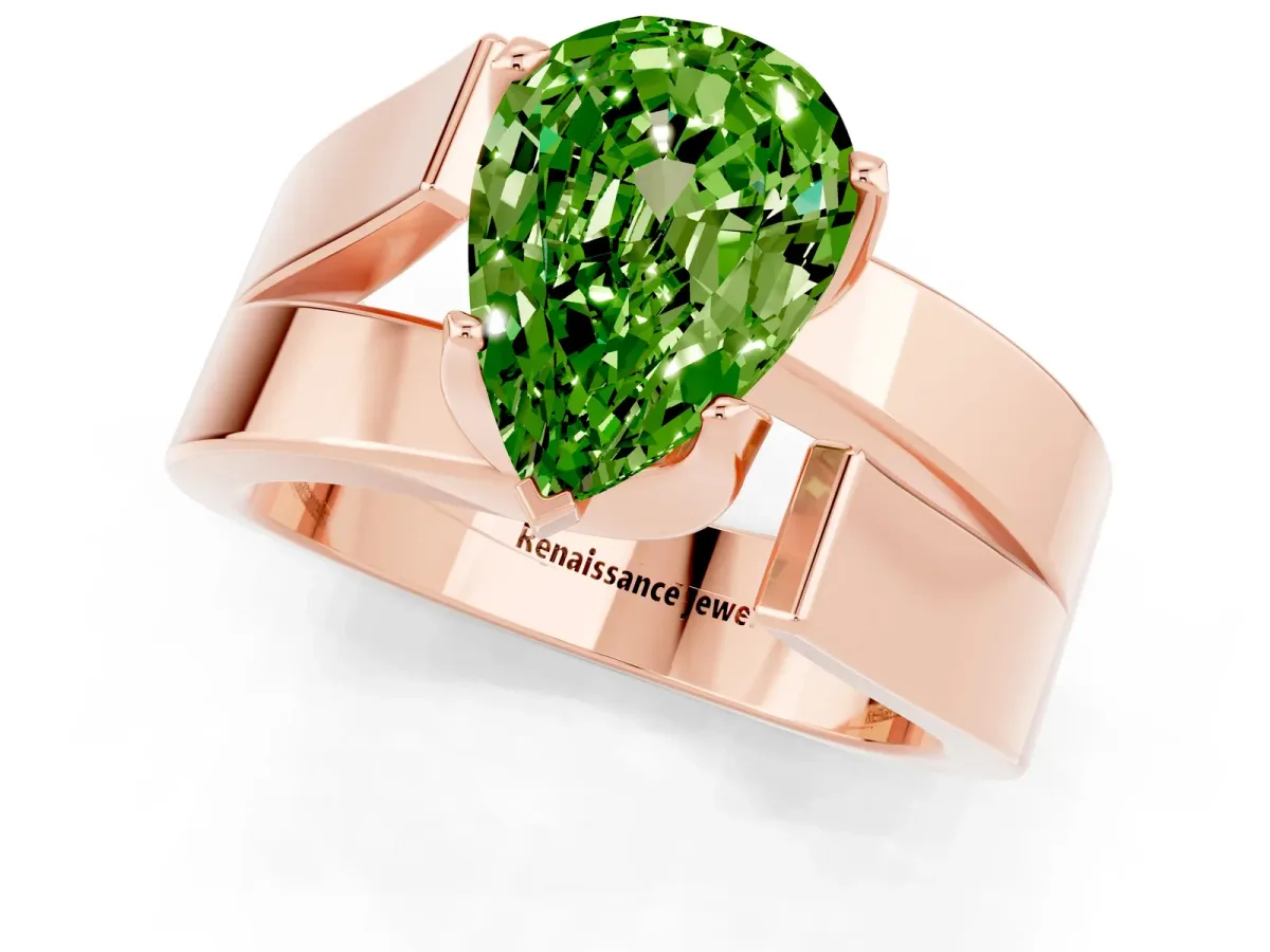 Modern Tension Set Pear Cut Peridot Solitaire Wide Band Ring Rose gold