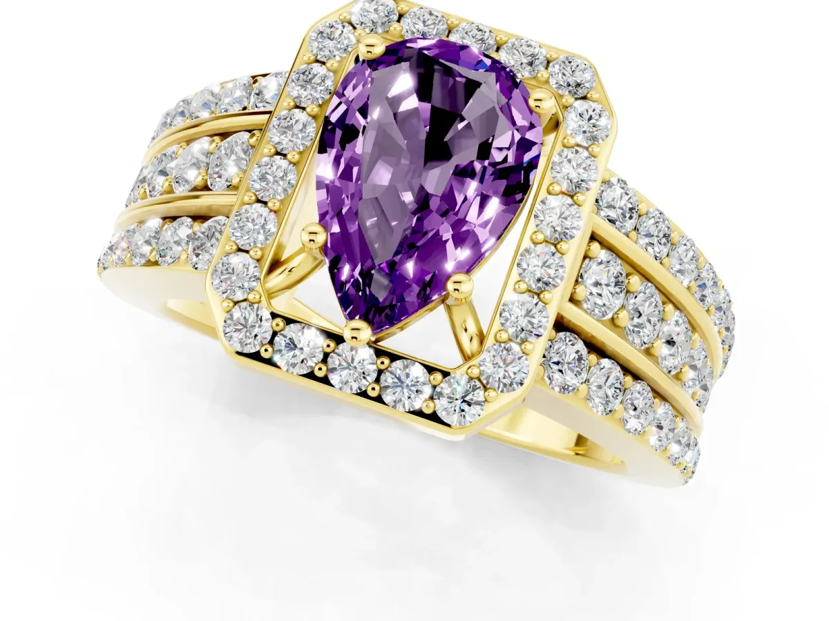 Pear Cut Halo Amethyst Ring with Round Split Shank and Prong Setting Yellow gold