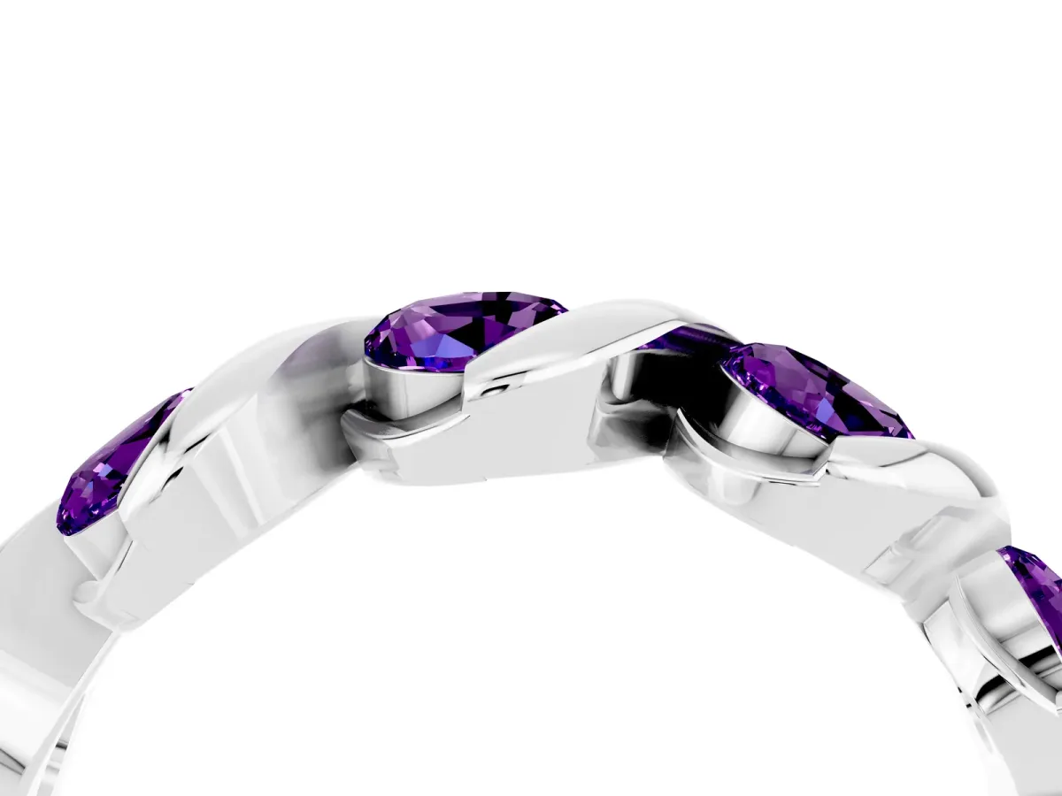 Round Amethyst Wave Band with Channel Setting and Shared Prongs White gold