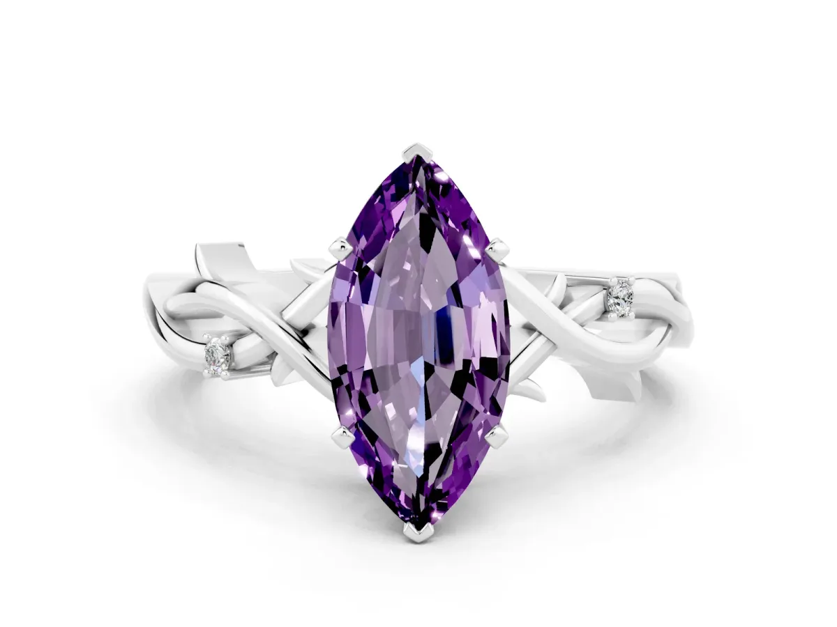 Marquise Cut Amethyst Solitaire Ring with Twisted Band and Prong Setting Platinum