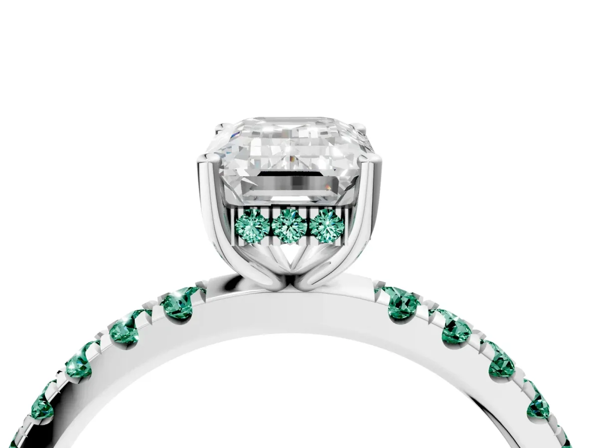 Emerald Cut Diamond Pave Band Solitaire Ring with Round Green Sapphire and Prong Setting Silver