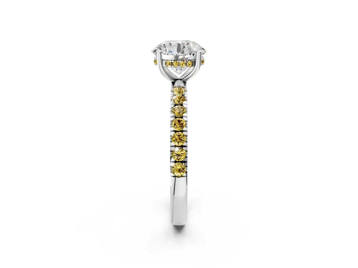 Round Cut Diamond Pave Band Solitaire Ring with Round Yellow Sapphire and Prong Setting Silver