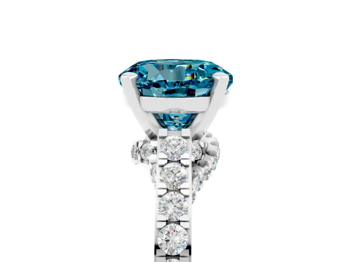 Round Cut Blue Topaz Solitaire Ring with Crossover Gallery and Round Pavé Band Silver