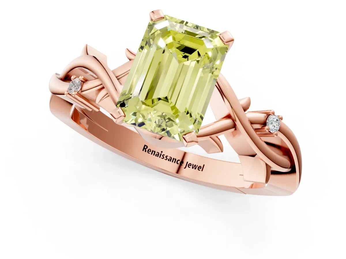Fancy Yellow Emerald Cut Diamond Solitaire Ring with Twisted Band and Prong Setting Rose gold