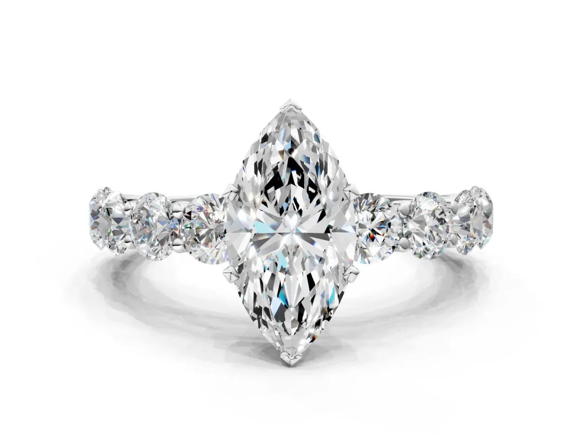 Marquise Cut Diamond Prong Setting with Side Stones on a Pave Band Silver