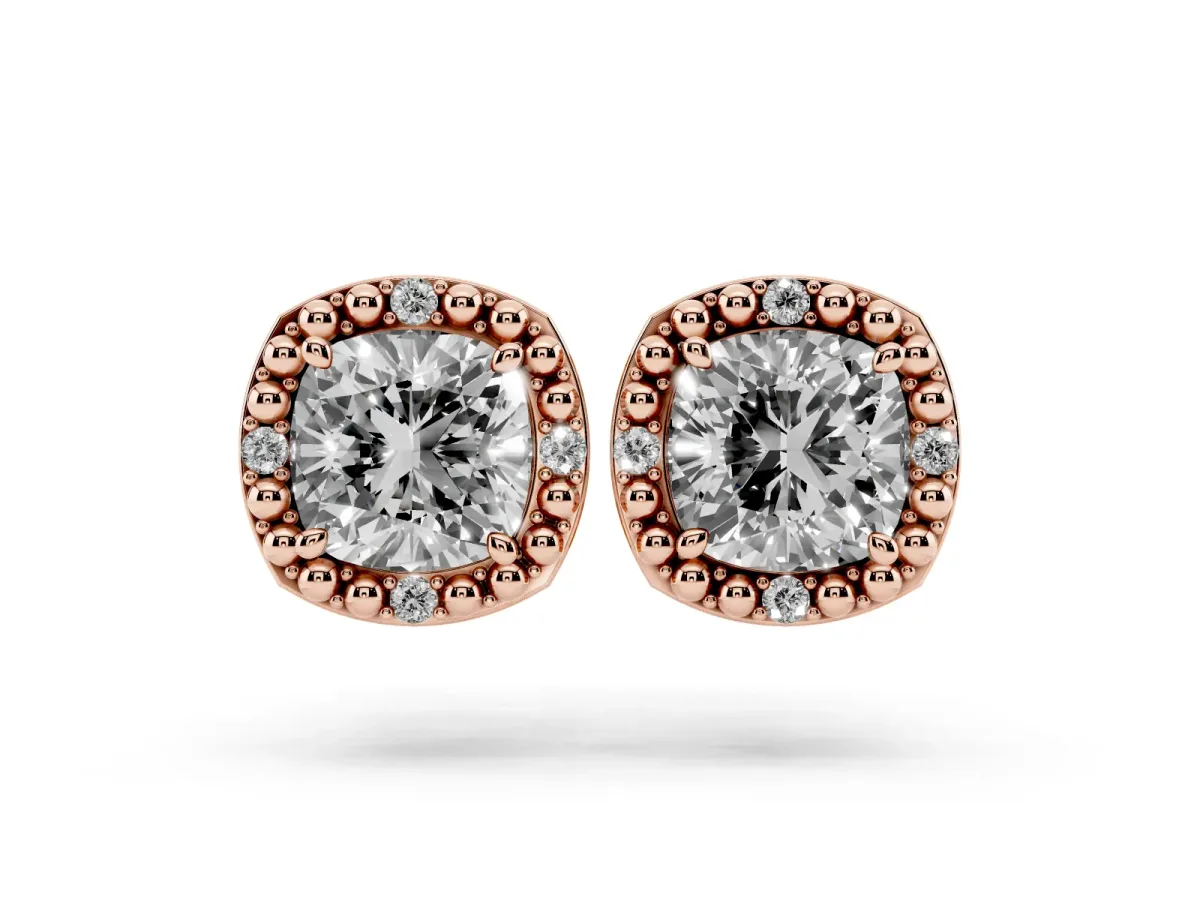 Cushion Diamond Beaded Halo Stud Earrings Rose gold