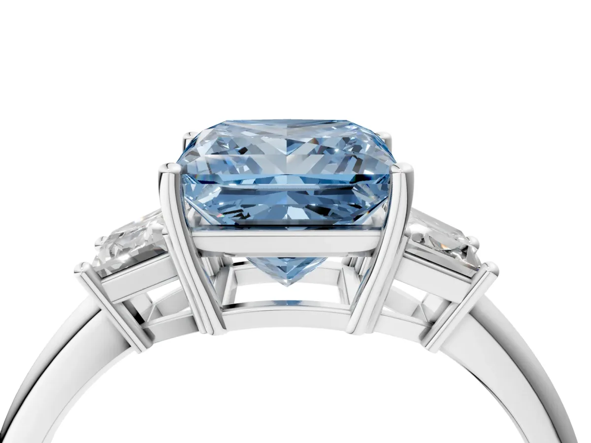 Fancy Blue Princess Cut Diamond Three-Stone Ring with Trapezoid Side Stones and Prong Setting Platinum