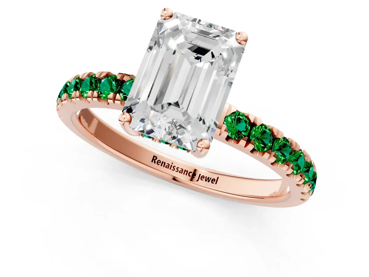 Emerald Cut Diamond Pave Band Solitaire Ring with Round Emerald and Prong Setting Rose gold