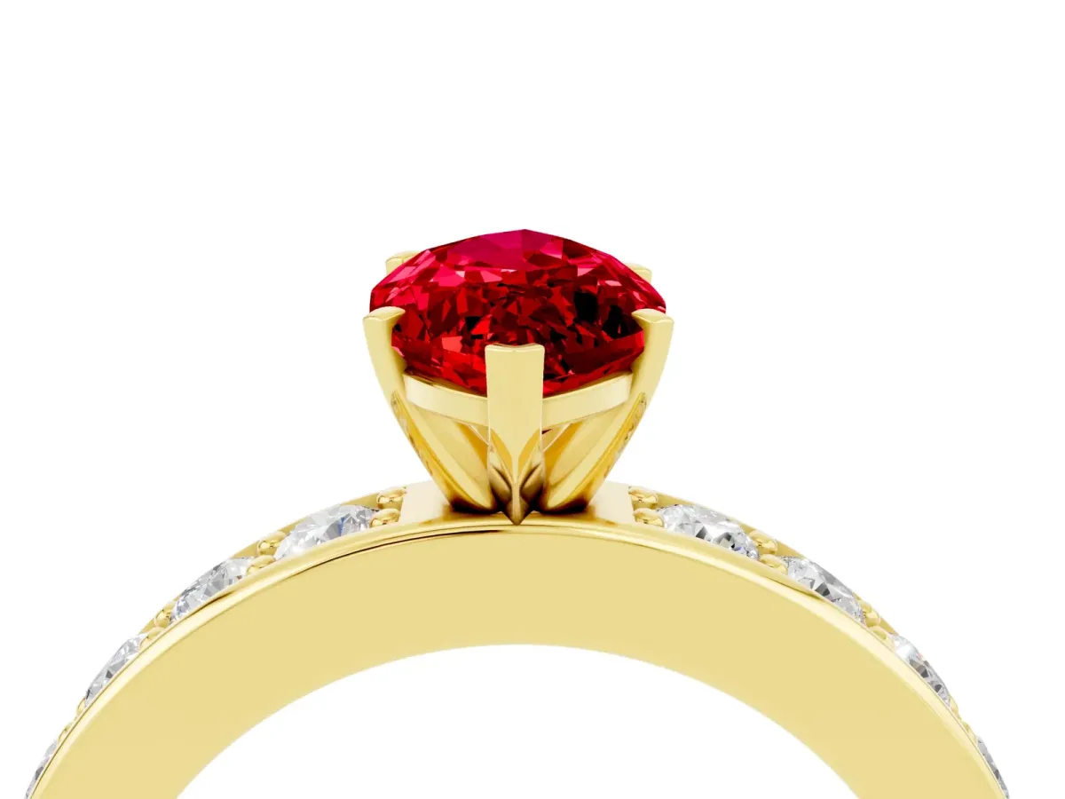 Marquise Cut Ruby Engagement Ring with Channel Set Round Band and Prong Setting Yellow gold