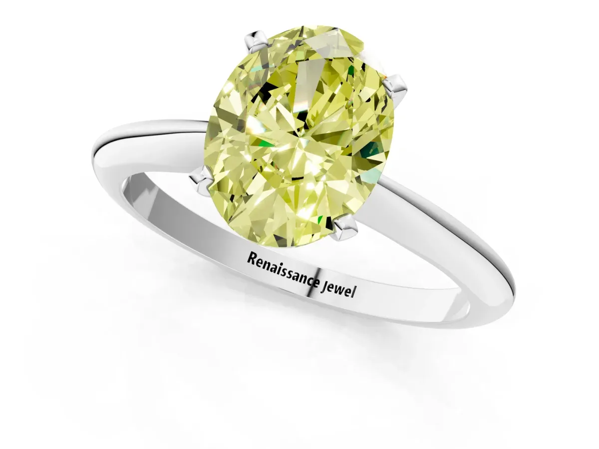 Fancy Yellow Oval Cut Diamond Solitaire Engagement Ring with Classic Band and Four-Prong Setting Silver