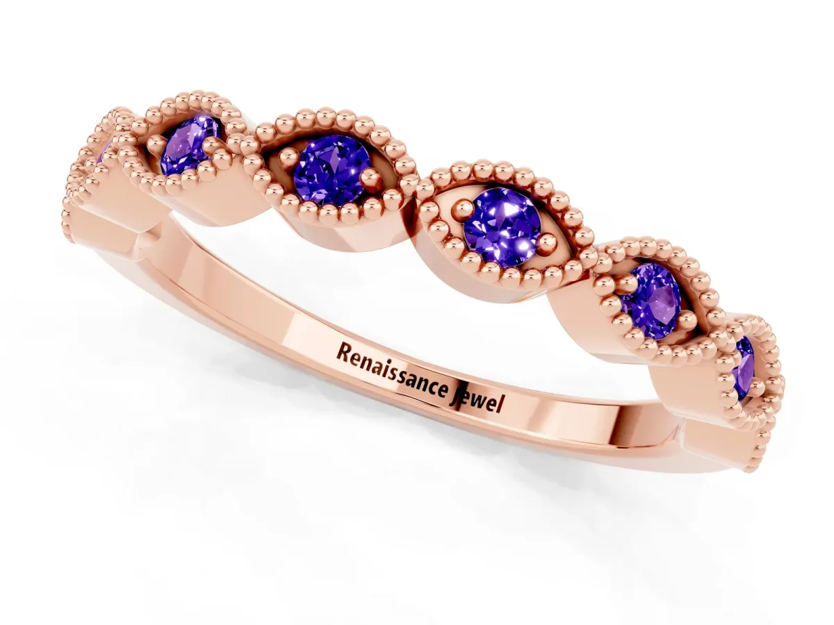 Milgrain Marquise Tanzanite Half Eternity Band with Bezel Setting Rose gold