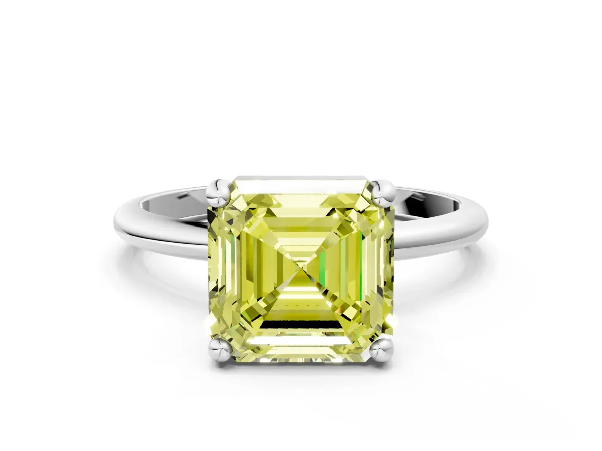 Fancy Yellow Asscher Cut Solitaire Diamond Ring with 4-Prong Setting on a Classic Band White gold