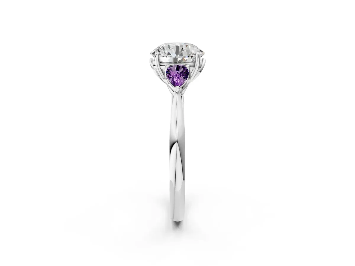 Round Cut Diamond Three-Stone Ring with Pear Amethyst Side Stones and Prong Setting Silver