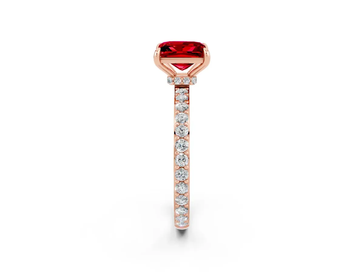 Princess Cut Ruby Solitaire Engagement Ring with Pavé Band and Four-Prong Setting Rose gold