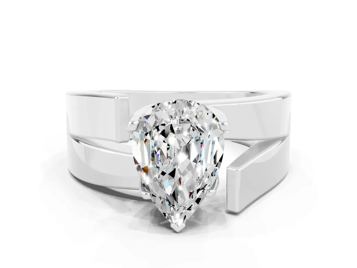 Modern Tension Set Pear Cut Moissanite Solitaire Wide Band Ring Silver