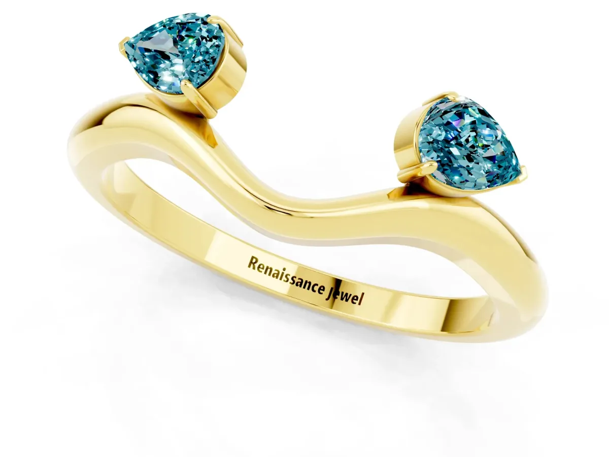 Pear Cut Blue Topaz Two-Stone Open Band Ring with Prong Setting Yellow gold