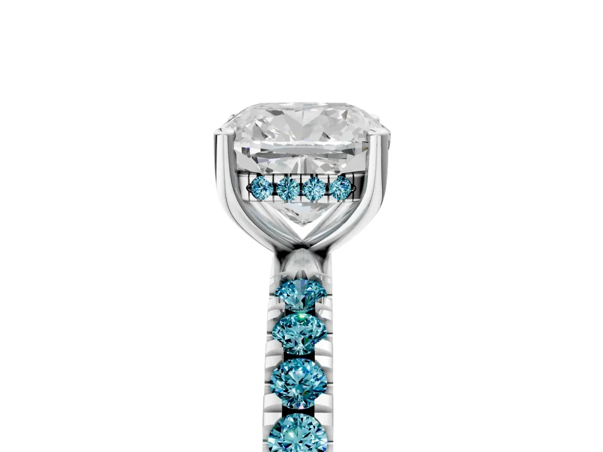 Cushion Cut Diamond Pave Band Solitaire Ring with Round Blue Topaz and Prong Setting Silver