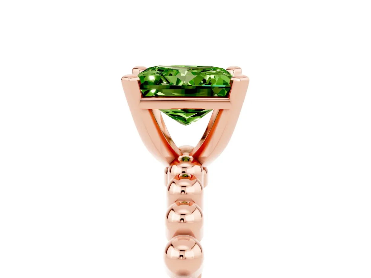 Princess Cut Peridot Solitaire Ring with Beaded Band and Prong Setting Rose gold